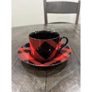 Fitz & Floyd Black and Red Plaid‎ Buffalo Check Cup & Saucer Porcelain